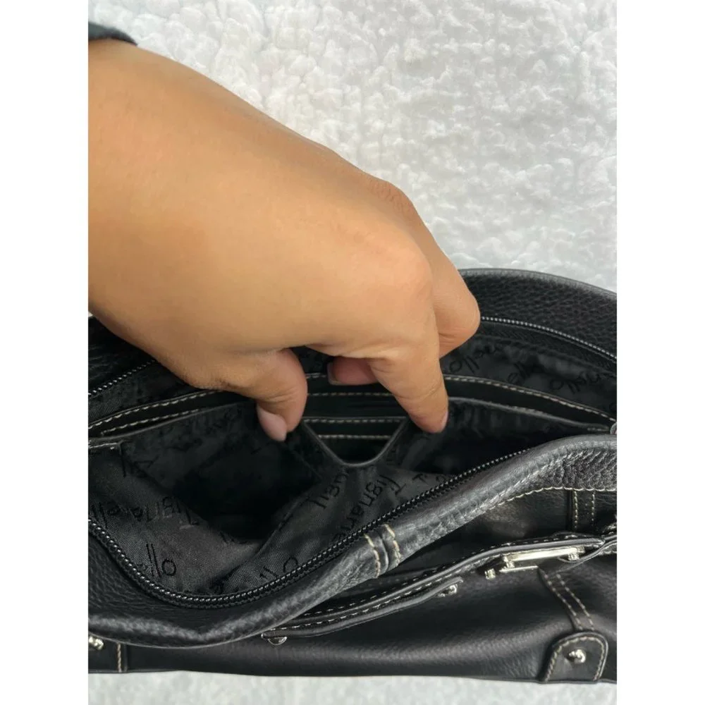 Tignanello Womens Shoulder‎ Bag Black Textured Zipper Pockets Sling M
